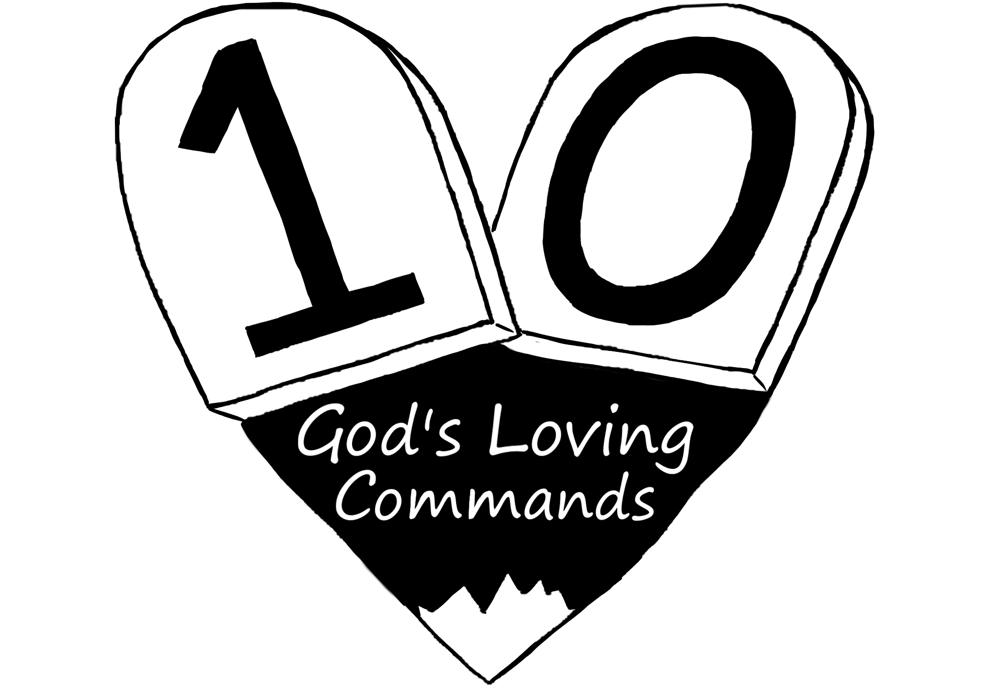 Illustration of two stone tablets with the number 10 written on them, which cast a shadow shaped like a mountain that contains text saying "God's Loving Commands".