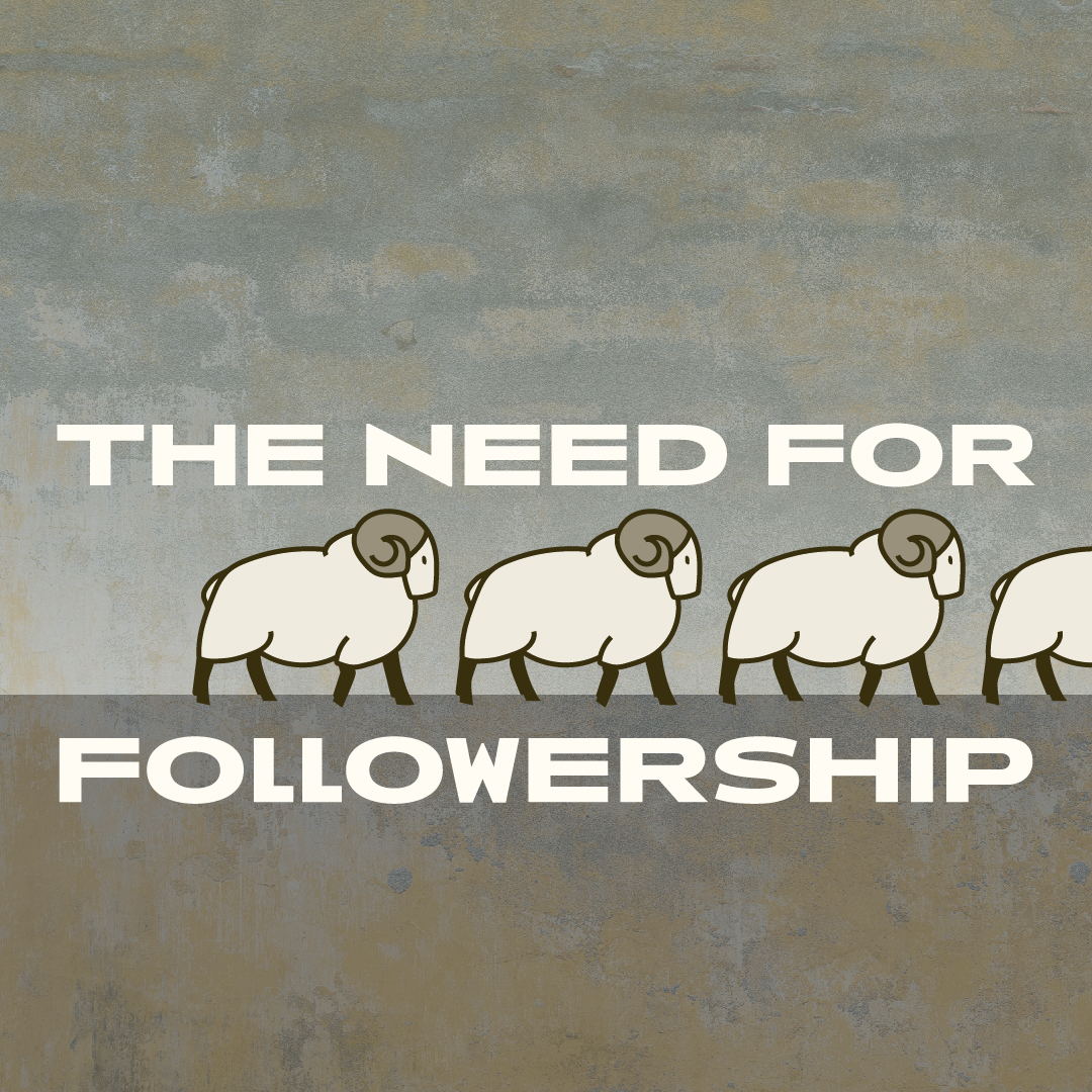 Illustration of five sheep walking in a line from the center of the image to somewhere outside the right edge of the image with text above and underneath them that reads "The Need For Followership".