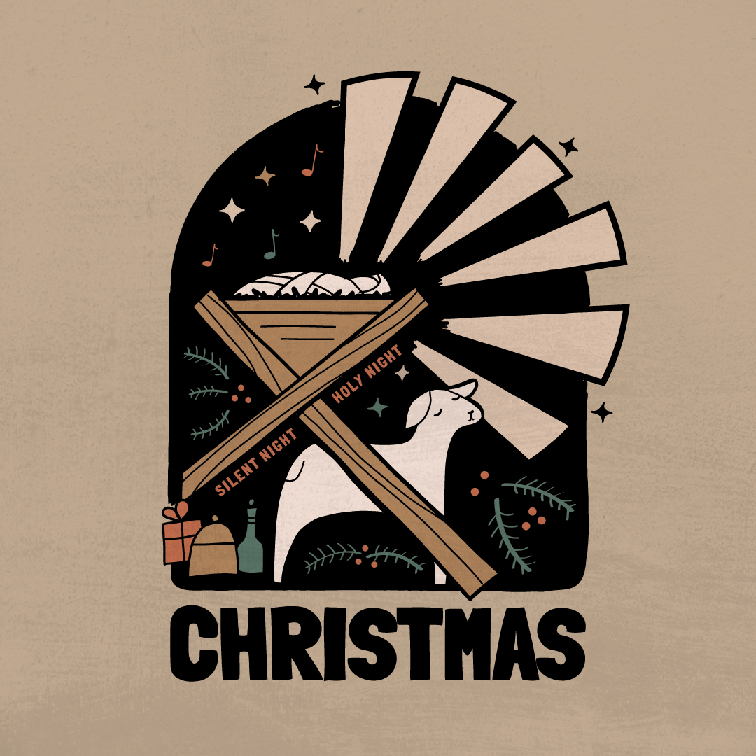 An illustration of a manger, lamb, three small containers, and musical notes, with text saying "Silent Night, Holy Night" and "Christmas".